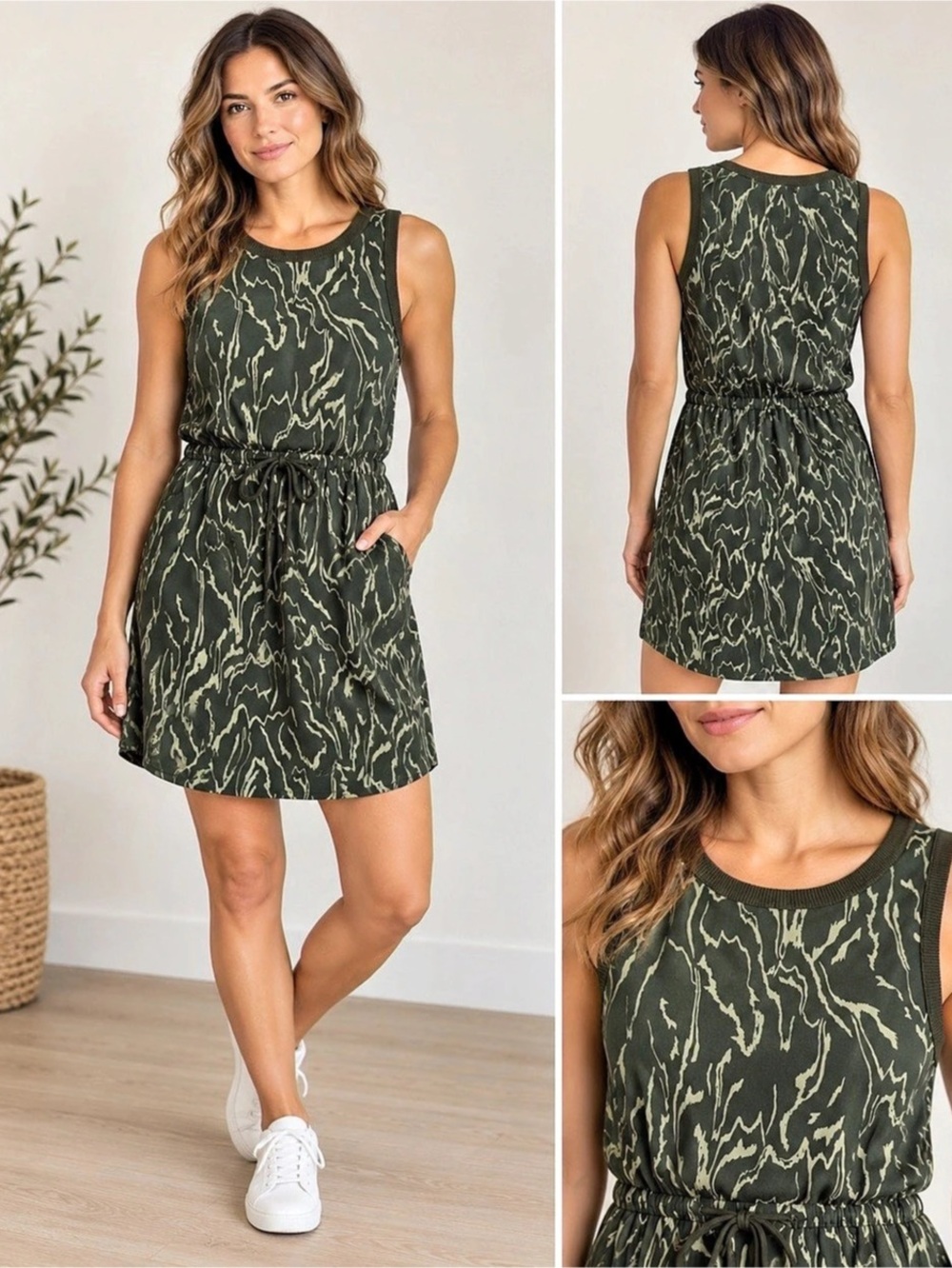 Athleta Rincon Printed Dress Mini in Green & Black Size Small